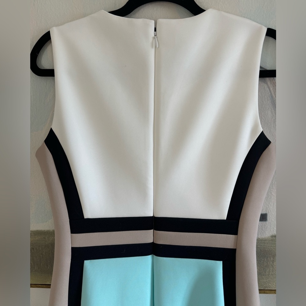 CALVIN KLEIN Scuba Colorblock Sleeveless Sheath Dress Tan Baby Blue Black Size 8 - Picture 8 of 11